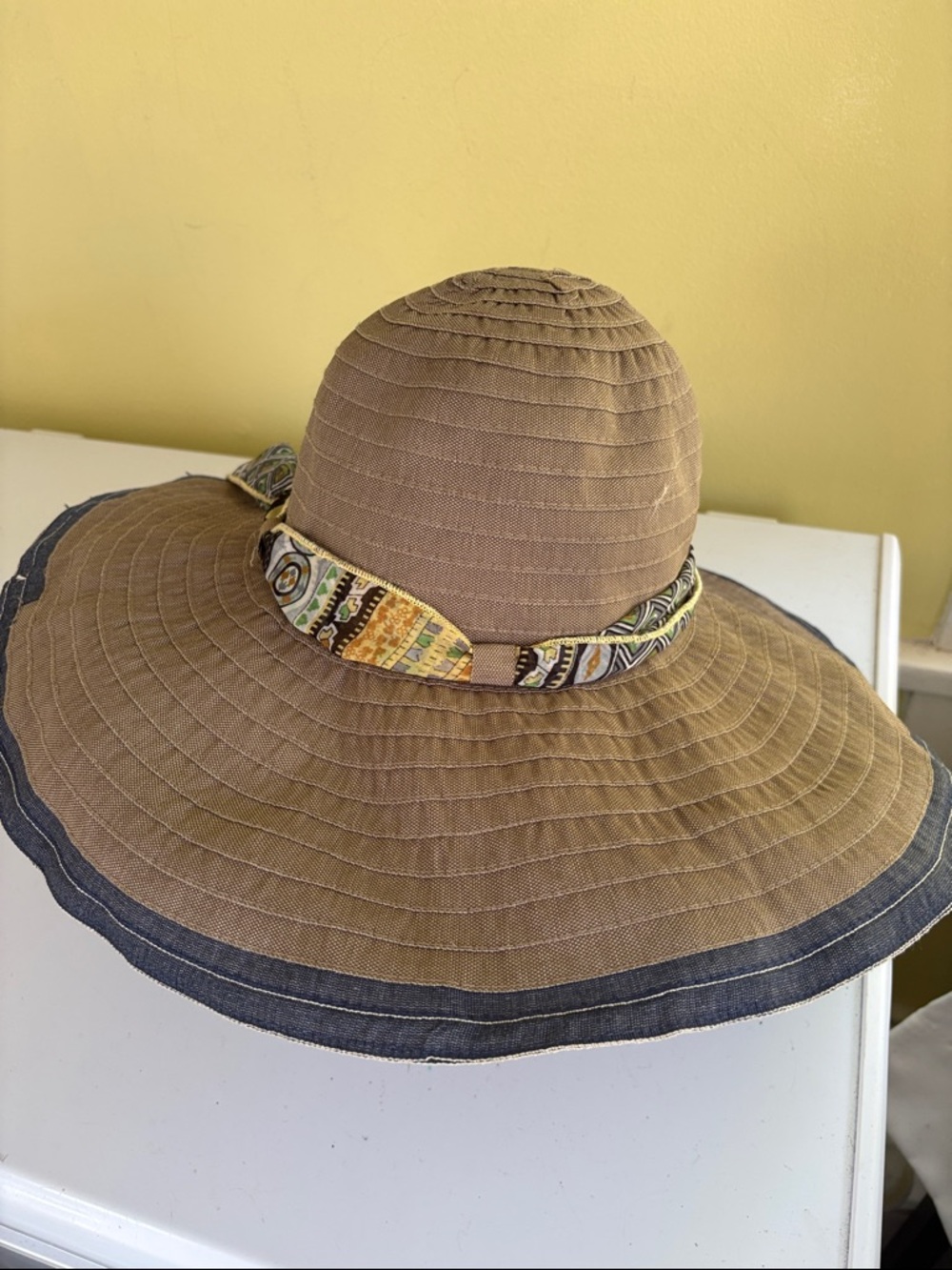 Grace Hats Tan/Blue Poly Extra Wide Wired Brim Sun Hat One Size
